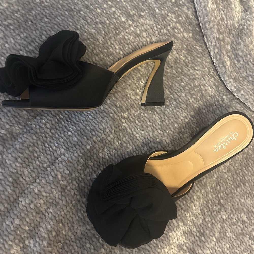 Charles By Charles David Black Heeled Mules with Floral Accent
